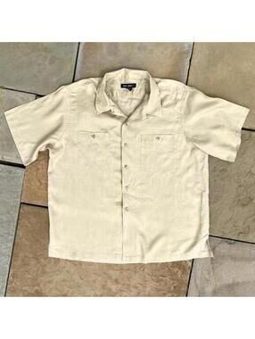 Vintage 80s Khaki Linen Camp Collar Casual Shirt
